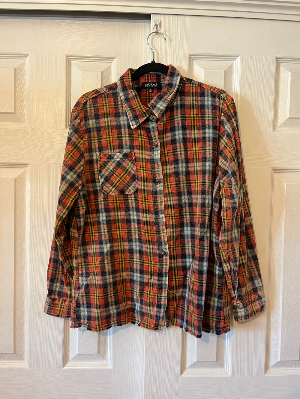 La La Land Women’s Nashville Orange and Blue Plaid Button-Down Shirt Size M
